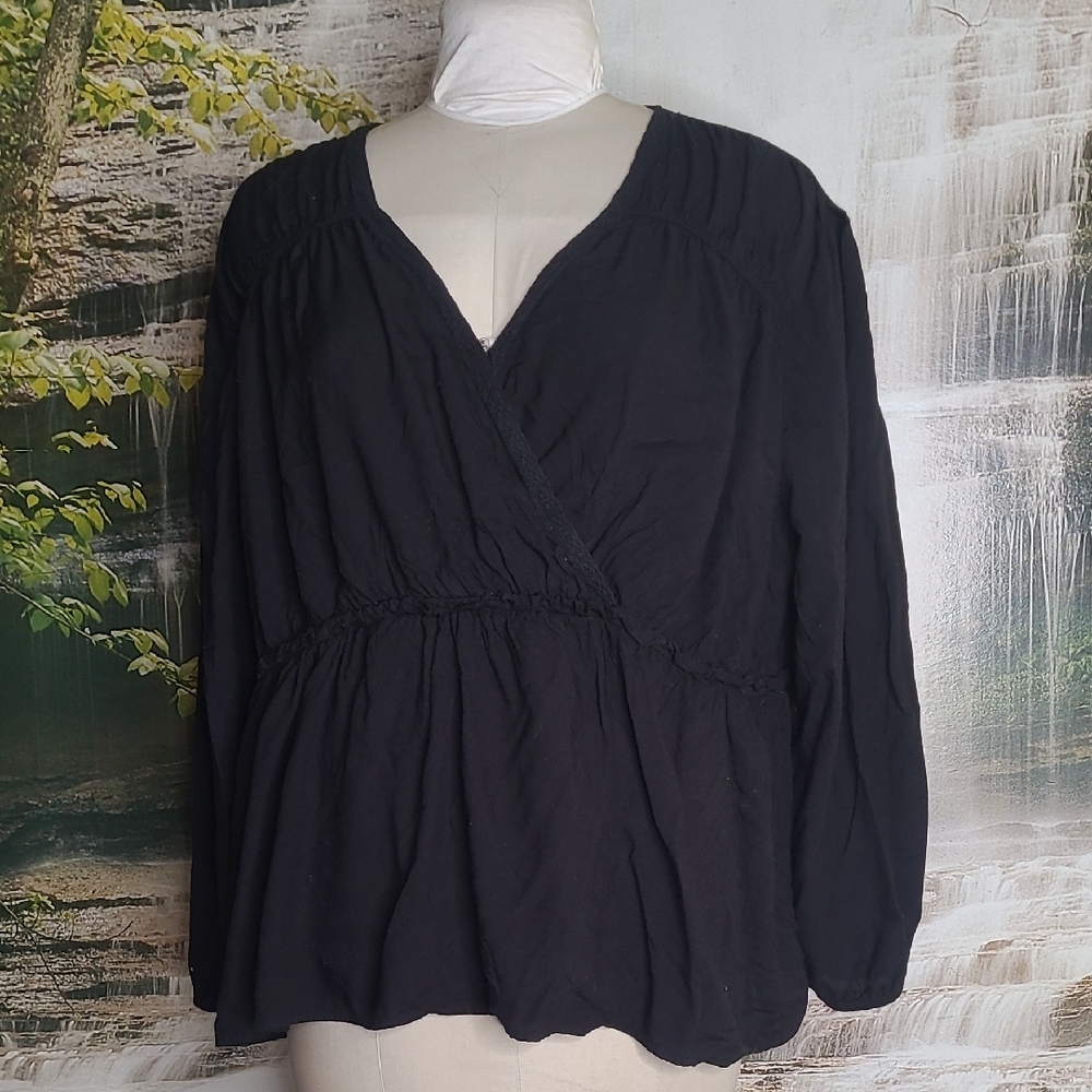 Maurices Womens 3X long sleeve black Vneck faux wrap empire waist blouse top